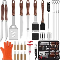 26pcs Grilling Accessories Kit For Men Women, Stainless Steel Heavy Duty BBQ Tools With Glove And Corkscrew, Grill Utensils Set In Portable Canvas Bag For Outdoor,Camping,Backyard,Brown