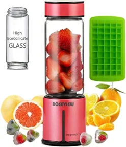 Portable Smoothie Blender ROSEVIEW Glass Cordless Mini Shakes Cup Blend For Smoothies USB Rechargeable Battery Juicer 2 Speed Handheld Personal Travel Mixer (Rose Red)