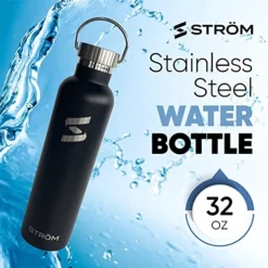 Trom 32oz Black Stainless Steel Water Bottle, Free Cleaning Brush, Plastic Free, BPA Free, Vacuum Insulated, 32 Ounce Healthy, Double Walled, Thermos, All Metal