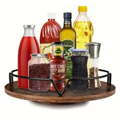 COZLUX Lazy Susan, Turntable Cabinet Organizer, 12 Inch Wood Table Top Spice Organizer For Kitchen Countertop, Pantry, Dining Tables, Rustic Brown Black