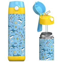 ARLSON Kids Water Bottle With Straw - CHARLI - Insulated Stainless Steel Water Bottle - Thermos - Girls/boys (Shark 'Mosaic', 18 Oz)