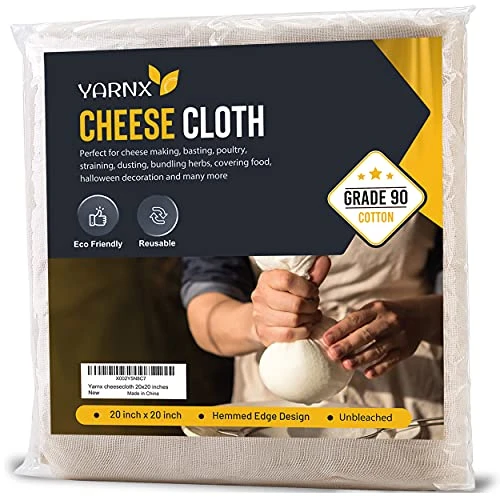 Yarnx Cheesecloth 20x20 Inches Hemmed - Grade 90 Muslin Cloth - 100% Ultra-Fine Unbleached Organic Cotton Cheese Cloths For Straining, Filtering, Cooking, Baking 1 Yarnx Cheesecloth 20x20 Inches Hemmed - Grade 90 Muslin Cloth - 100% Ultra-Fine Unbleached Organic Cotton Cheese Cloths For Straining, Filtering, Cooking, Baking