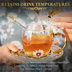 Vintage Glass Tea Cup And Saucer Set With Lid And Spoon, Enamel Daisy Flower Coffee Mug With Decorative Handle, Elegant Tea Sets For Women, 330ml/11oz -Kitchen Island Sale 51ImmxEUoPL