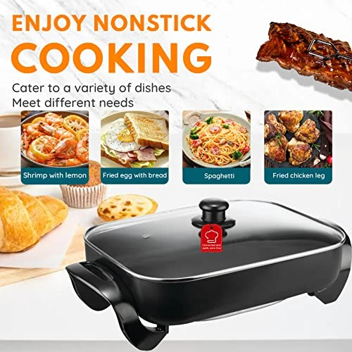 Black Electric Skillet With Tempered Glass Lid, 16 Inch, Non-Stick. 6 Black Electric Skillet With Tempered Glass Lid, 16 Inch, Non-Stick. - Image 6