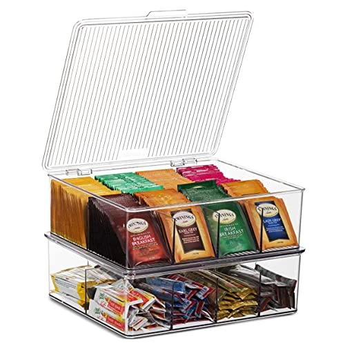 2 Pack Large Stackable Plastic Tea Bag Organizer - Storage Bin Box For Kitchen Cabinets, Countertops, Pantry - Holds Beverage Bags, Cups, Pods, Packets, Condiment Accessories Holder 2 2 Pack Large Stackable Plastic Tea Bag Organizer - Storage Bin Box For Kitchen Cabinets, Countertops, Pantry - Holds Beverage Bags, Cups, Pods, Packets, Condiment Accessories Holder - Image 2