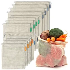 12+1 Reusable Produce Bags Grocery Washable | Organic Cotton Mesh Produce Bags | Double-Stitched & Tare Weigh | Mesh Bags For Vegetables | Cotton Produce Bags Reusable Washable | Produce Bag (3 Sizes)