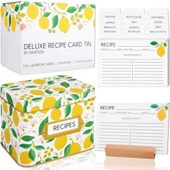 Lemon Recipe Box With Cards And Dividers - 60 Lemon Decor Recipe Card Gift Box With 15 Recipe Card Dividers And Wooden Recipe Card Holder | Lemon Recipe Card Box, Lemon Recipe Tin, Recipe Organizer