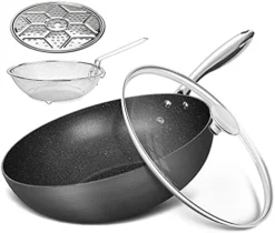 Hard Anodized Nonstick Wok With Lid, Cooking Wok Pan 12 Inch, Large Wok Pan With Flat Bottom, Induction Wok With Steamer Rack & Fry Basket, Woks And Stir Fry Pans - 5 Quart -Kitchen Island Sale 51Kiihs55nL. AC