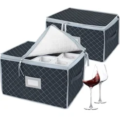 Stemware Storage Cases - Holds 24 Wine Glass Storage Or China Crystal Glassware Containers With Handles And Lable Window,Fully-Padded Inside With Hard Sides(15.5" X 12.5"x10")-Set Of 2 Grey
