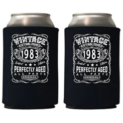 Vintage Established 1983 Perfectly Aged Can Coolie Holder 40th Birthday Gift Forty And Fabulous Party Favors Decorations (12, Black)