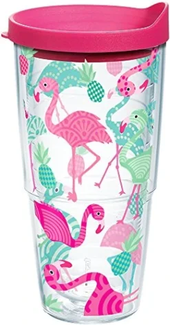 Tervis Flamingo Pattern Insulated Tumbler With Wrap And Fuschia Lid, 24 Oz, Clear