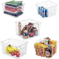 11'' Farmhouse Freezer Food Storage Organizer Baskets Modern Refrigerator Metal Wire Basket Bin With Built-in Handles For Kitchen, Pantry, Bathroom, Cabinets, White -Set Of 6