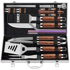 25pcs Extra Thick Stainless Steel Grill Tool Set For Men, Heavy Duty Grilling Accessories Kit For Backyard, BBQ Utensils Gift Set With Spatula,Tongs In Aluminum Case For Birthday Brown