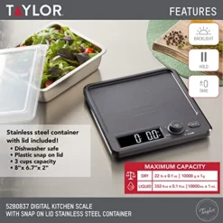 Taylor Digital Kitchen Scale With Dishwasher Safe Stainless Steel Container And Snap On, 22 Pound Capacity, Black -Kitchen Island Sale 51N8BR4bMsL