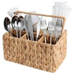 Wicker Flatware Organizer, Hand Woven Water Hyacinth Cutlery Holder For Countertop With Handle, 1 Pack