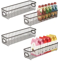 Metal Kitchen Pantry Food Storage Organizer Bin Basket - Modern Farmhouse Decor Wire Grid Design - Organization For Cabinets, Shelves, Countertops - X Long Container, 4 Pack - Bronze