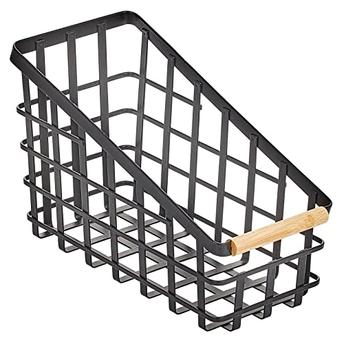 Slim Slanted Metal Wire Kitchen Storage Basket Bin Organizer With Wood Handle For Pantry, Cabinet, Cupboard, Or Countertop Organization - Yami Collection - Matte Black/Natural 6 Slim Slanted Metal Wire Kitchen Storage Basket Bin Organizer With Wood Handle For Pantry, Cabinet, Cupboard, Or Countertop Organization - Yami Collection - Matte Black/Natural - Image 6