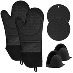 Silicone Oven Mitts And Pot Holders Set, 6 Piece Set With 2 Hot Pads-Heat Resistant To 450℉-Extra Long 15 Inch Professional Silicone Oven Mitts For Grilling Cooking Baking(Black)