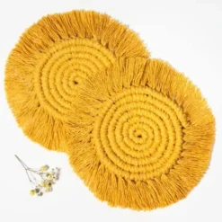 Macrame Coasters Woven Boho Handmade Absorbent Placemats, For Desk Table Kitchen Dining Room Drink Picnic Housewarming Home Decor Rattan Wicker Bamboo (Mustard (Set Of 2)) -Kitchen Island Sale 51PJ Mm6WvL. AC