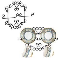 MyGift Set Of 2 Wall Mounted Plate Display Rack For Tea Cup And Saucer With Vintage Black Metal Decorative Scrollwork Design