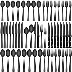 72-Piece Black Silverware Sets For 12 With Steak Knives, CEKEE Stainless Steel Black Flatware Set For 12, Kitchen Utensils Sets For Home Restaurant Hotel, Mirror Polished & Heavy Duty Cutlery Set