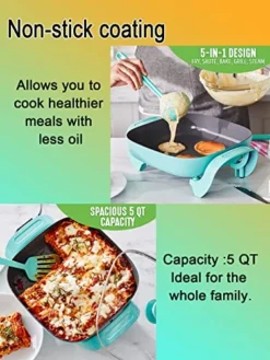 Electric Skillet Ceramic Nonstick 5QT - 12" Square With Glass Lid, Adjustable Temperature Control, Dishwasher Safe, Turquoise, Nozaya -Kitchen Island Sale 51QsnuWvPSL