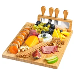 Unique Bamboo Cheese Board And Knife Set - Charcuterie Boards Set & Cheese Platter With Slide-Out Cutlery Drawer - Serving Tray For Crackers, Meat, And Wine - Anniversary And Wedding Gift