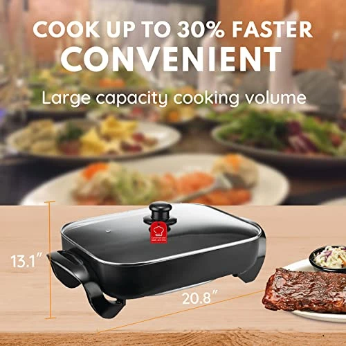 Black Electric Skillet With Tempered Glass Lid, 16 Inch, Non-Stick. 3 Black Electric Skillet With Tempered Glass Lid, 16 Inch, Non-Stick. - Image 3