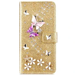 Compatible With Samsung Galaxy S8 Case Glitter Shiny Butterfly Rhinestone Floral Pu Leather Diamond Flash Bling Wallet Strap Case With Card Holder Magnetic Stand Flip Cover Case,Gold
