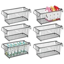 Household Stackable Metal Wire Storage Organizer Bin Basket With Built-In Handles For Kitchen Cabinets, Pantry, Closets, Bedrooms, Bathrooms - 12.5" Wide, 6 Pack - Graphite Gray