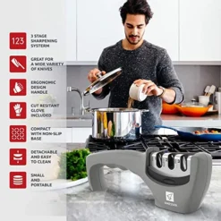 Kitchen Knife Sharpener - 3 Stage Knife Sharpening Tool Sharpens Chef's Knives - Kitchen Accessories Help Repair, Restore And Polish Blades Quickly, Food Safety Cut Resistant Glove Included, Gray