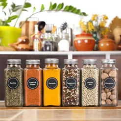 Ozita 14 Pcs Glass Spice Jars With Spice Labels - 8oz Empty Square Spice Bottles - Shaker Lids And Airtight Metal Caps - Chalk Marker And Silicone Collapsible Funnel Included -Kitchen Island Sale 51UwinOS9iL