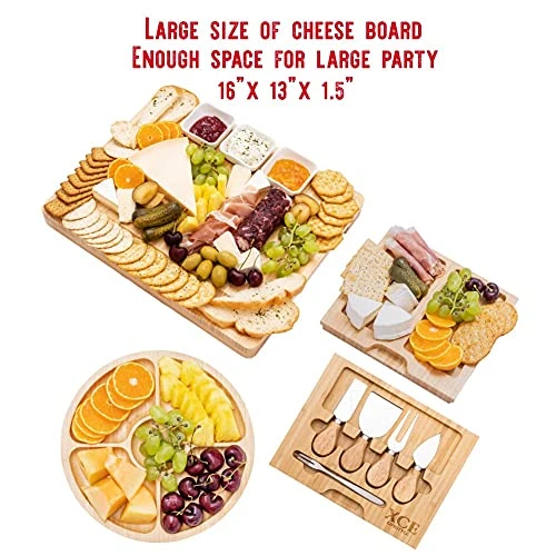 Bamboo Cheese Board And Charcuterie Board With Knife Set, 16 X 13 X 1.5 Inch, Include Extra Round Fruit Plate - Gift For Men, Women, Mother, Housewarming 2 Bamboo Cheese Board And Charcuterie Board With Knife Set, 16 X 13 X 1.5 Inch, Include Extra Round Fruit Plate - Gift For Men, Women, Mother, Housewarming - Image 2