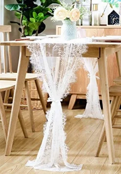 30x120 Inch Vintage White Lace Wedding Table Runner With Rose Floral Table Overlay For Rustic Boho Wedding Reception Table Decor, Chic Bridal Shower Baby Shower Birthday Party Table Decorations