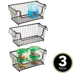 MDesign Stackable Metal Basket For Kitchen Storage - Wire Farmhouse Bin Basket W/Handles For Pantry - Stacking Wire Basket Organizer For Food, Drinks, Snacks - Hyde Collection, 3 Pack, Bronze