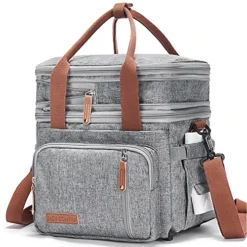 Dult Lunch Box For Work, Expandable Large Lunch Bags For Women Men, Leakproof Double Deck Lunch Box Cooler Tote Bag With Removable Shoulder Strap (Grey)
