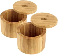 2 Pc Premium Bamboo Salt And Pepper Bowls, Wooden Spice Containers With Magnetic Swivel Lids, Perfect For Salt, Spice, Sugar, Pepper