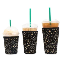 Axendale Iced Coffee Sleeves For Cold Drink Cups - 3 Pack Reusable Neoprene Iced Coffee Cup Sleeve For Cold Drinks, Compatible With Starbucks Dunkin And More (3 PK S/M/L, Black Wanderlust)