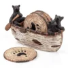 Bear Coasters Set – 6 Full Size Rustic Coasters In Handmade Canoe With Adorable Black Bear Figurines | Black Bear Decor, Log Cabin Decor, Cabin Decorations, Rustic Lodge Decor For The Home