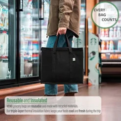 2 Pack Insulated Reusable Grocery Bag, Food Delivery Bag, Durable, Heavy Duty, Large Size, Stands Upright, Collapsible, Sturdy Zipper, Reusable And Sustainable (BLACK, 2)