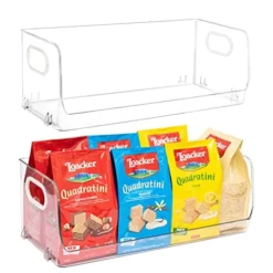 2 Pack Clear Stackable Storage Bins, Open Front Storage Bins With Handles, Plastic Snack Organizer For Pantry Organization And Storage For Kitchen, Cabinets, Countertops, Bathrooms, Offices