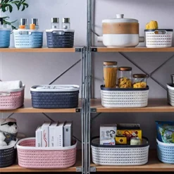 2 Pack Plastic Storage Basket Pink, Large Plastic Woven Basket With Portable Handle, Kitchen Pantry Refrigerator Desktop Storage Boxes For Cabinet Freezer Bathroom Closet, 15” X 10” X 6”