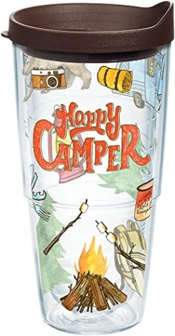 Tervis Happy Camper Tumbler With Wrap And Brown Lid 24oz, Clear