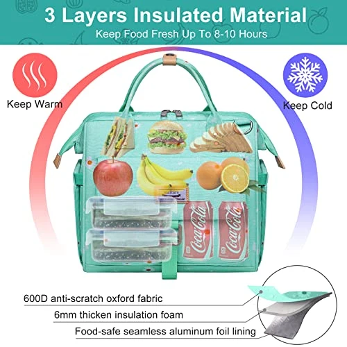 Weiatas Lunch Bag For Women Large, Insulated Leakproof Lunch Box, Reusable Wide-Open Lunch Tote Cooler Bag Lunch Purse With Shoulder Strap For Work, Beach, Picnic (Green) 3 Weiatas Lunch Bag For Women Large, Insulated Leakproof Lunch Box, Reusable Wide-Open Lunch Tote Cooler Bag Lunch Purse With Shoulder Strap For Work, Beach, Picnic (Green) - Image 3