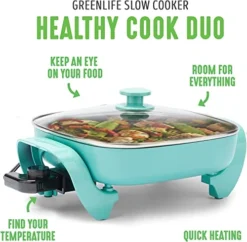 12" Ceramic Nonstick Electric Skillet - Square With Glass Lid, Dishwasher Safe, Turquoise -Kitchen Island Sale 51aQNqCqwXL