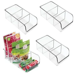 MDesign Plastic Food Storage Bin Organizer With 3 Compartments For Kitchen Cabinet, Pantry, Shelf, Drawer, Fridge, Freezer Organization - Holds Snack Bars - Ligne Collection - 4 Pack - Clear