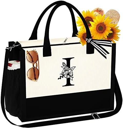 YOOLIFE Initial Canvas Beach Tote Bag With Zipper Pockets Adjustable Strap Tote Bag Mothers Day Birthday Gifts For Women Her 12 YOOLIFE Initial Canvas Beach Tote Bag With Zipper Pockets Adjustable Strap Tote Bag Mothers Day Birthday Gifts For Women Her - Image 12