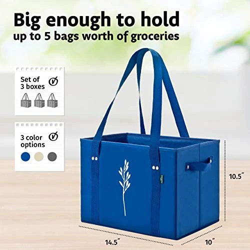 Green Bulldog Reusable Grocery Bags - Heavy Duty, Foldable, Space Saving Tote Shopping Bags - Box Bag W/ Straps And Handles (Set Of 3) - Taupe 2 Green Bulldog Reusable Grocery Bags - Heavy Duty, Foldable, Space Saving Tote Shopping Bags - Box Bag W/ Straps And Handles (Set Of 3) - Taupe - Image 2