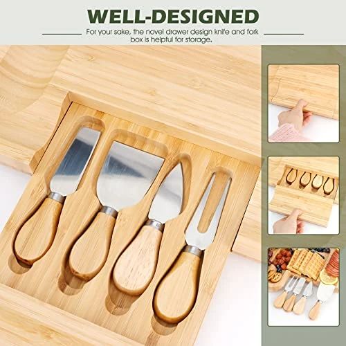 Bamboo Charcuterie Boards Cheese Board Knife Set,13"x 13" Charcuterie Board 13"x6.3" Side Tray X2,Gift For Mom Couples House Warming Gifts New Home Bridal Shower Bridesmaid Gifts 4 Bamboo Charcuterie Boards Cheese Board Knife Set,13"x 13" Charcuterie Board 13"x6.3" Side Tray X2,Gift For Mom Couples House Warming Gifts New Home Bridal Shower Bridesmaid Gifts - Image 4