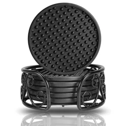 Drink Coasters Set Of 6 Packs With Holder, HFHOME Round Black BPA Free Silicone With Non-Slip Bottom Fits Any Size Cup Mug Or Glasses (Black)